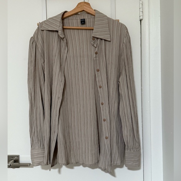 Tops - Textured Striped taupe beige Button-Up Shirt